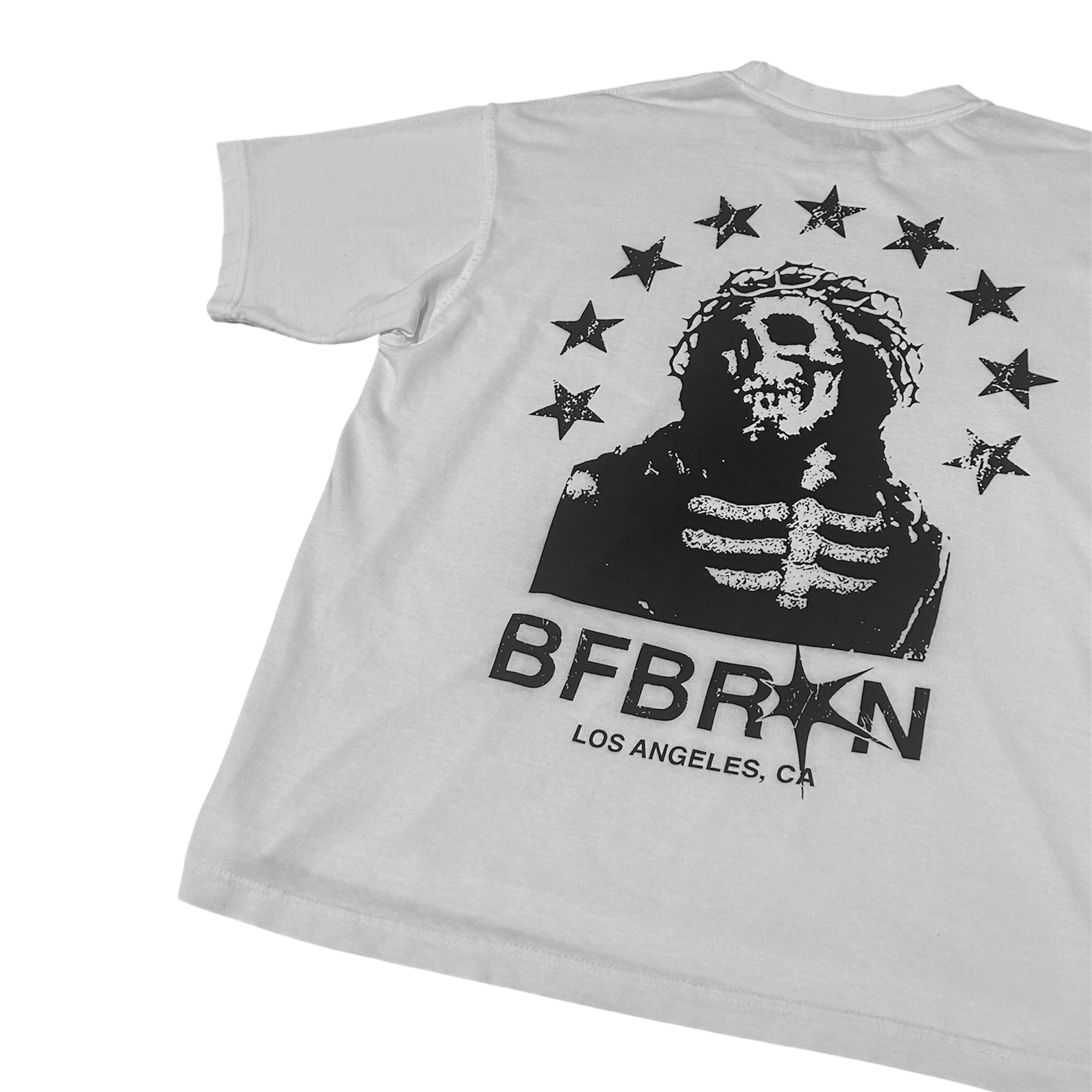 White t-shirt with a skeleton graphic and 'BFBRKN' text on the back